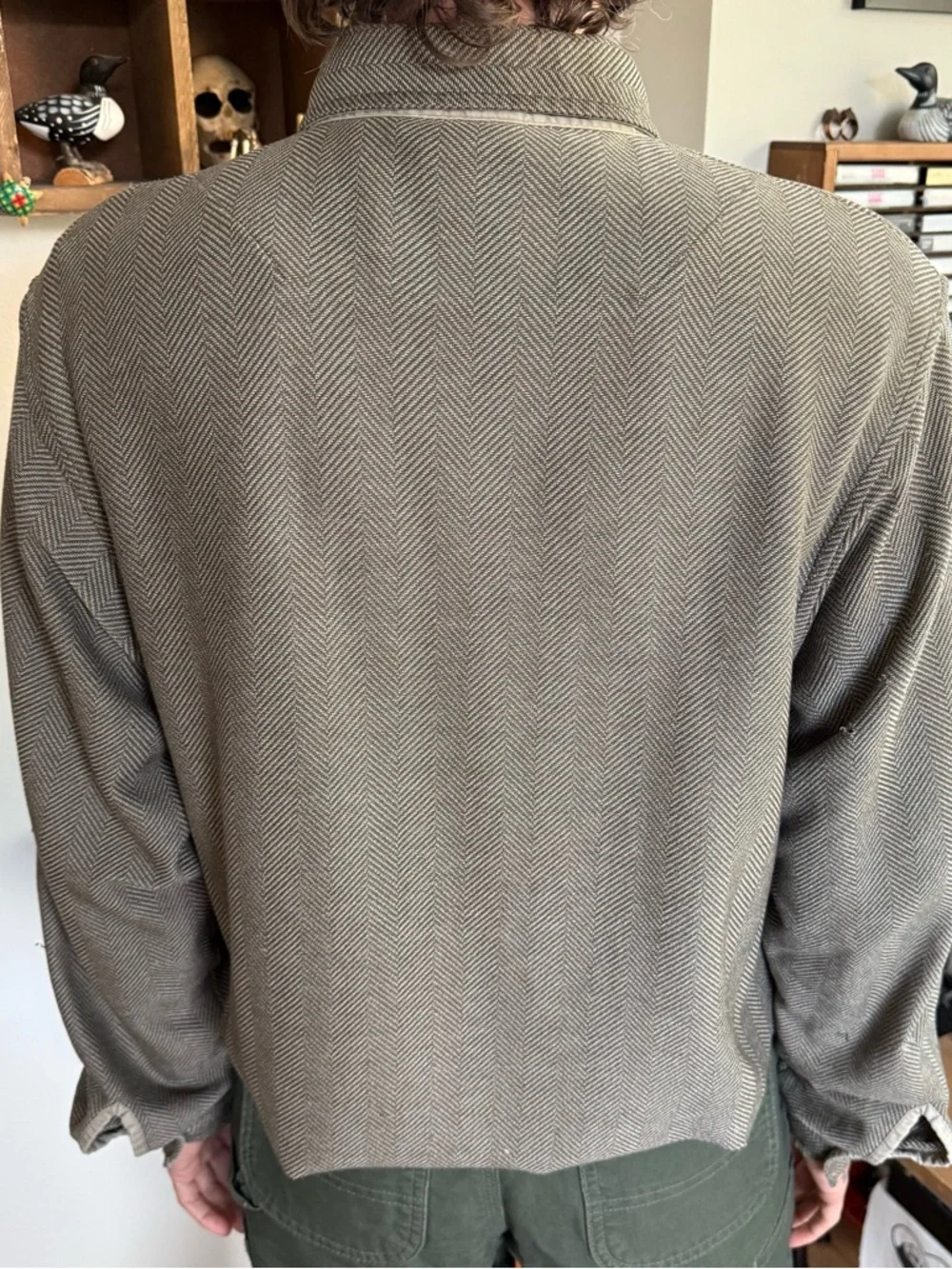 Vintage 90s 2000s LL Bean Cropped Herringbone Twill L/S Polo ~ Size Medium - Picture 4 of 7